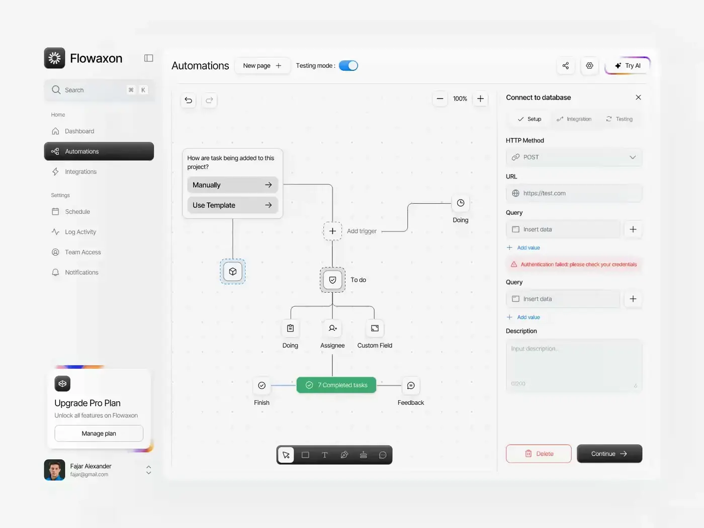 Automation builder with a database connection panel showing HTTP method, URL, query fields and an authentication error