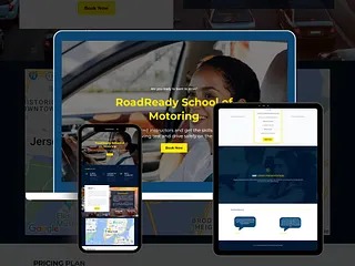 Driving school website shown on desktop, tablet and phone with a booking form and pricing plans