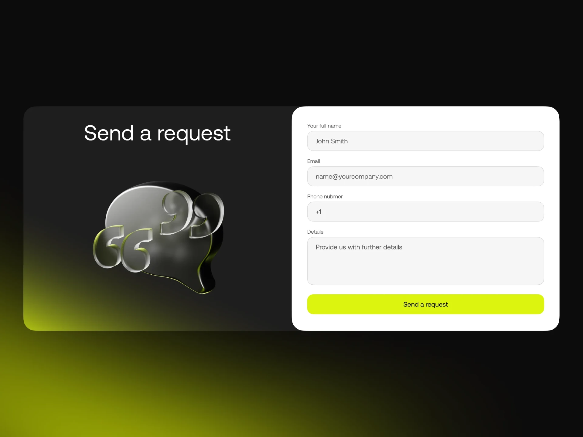 Dark themed request form with name, email, phone and project details fields
