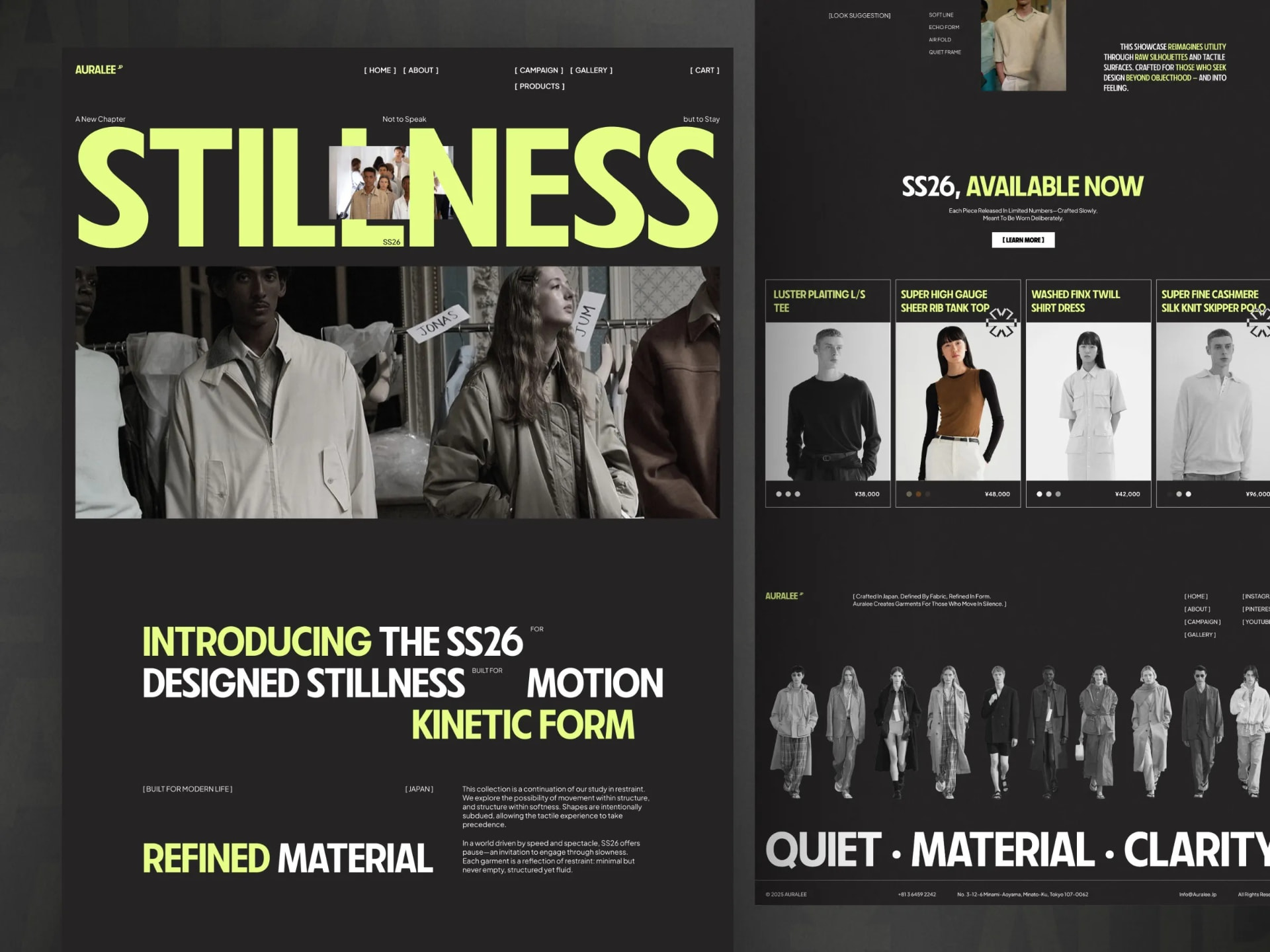Fashion label website with large type hero, collection grid and product listings