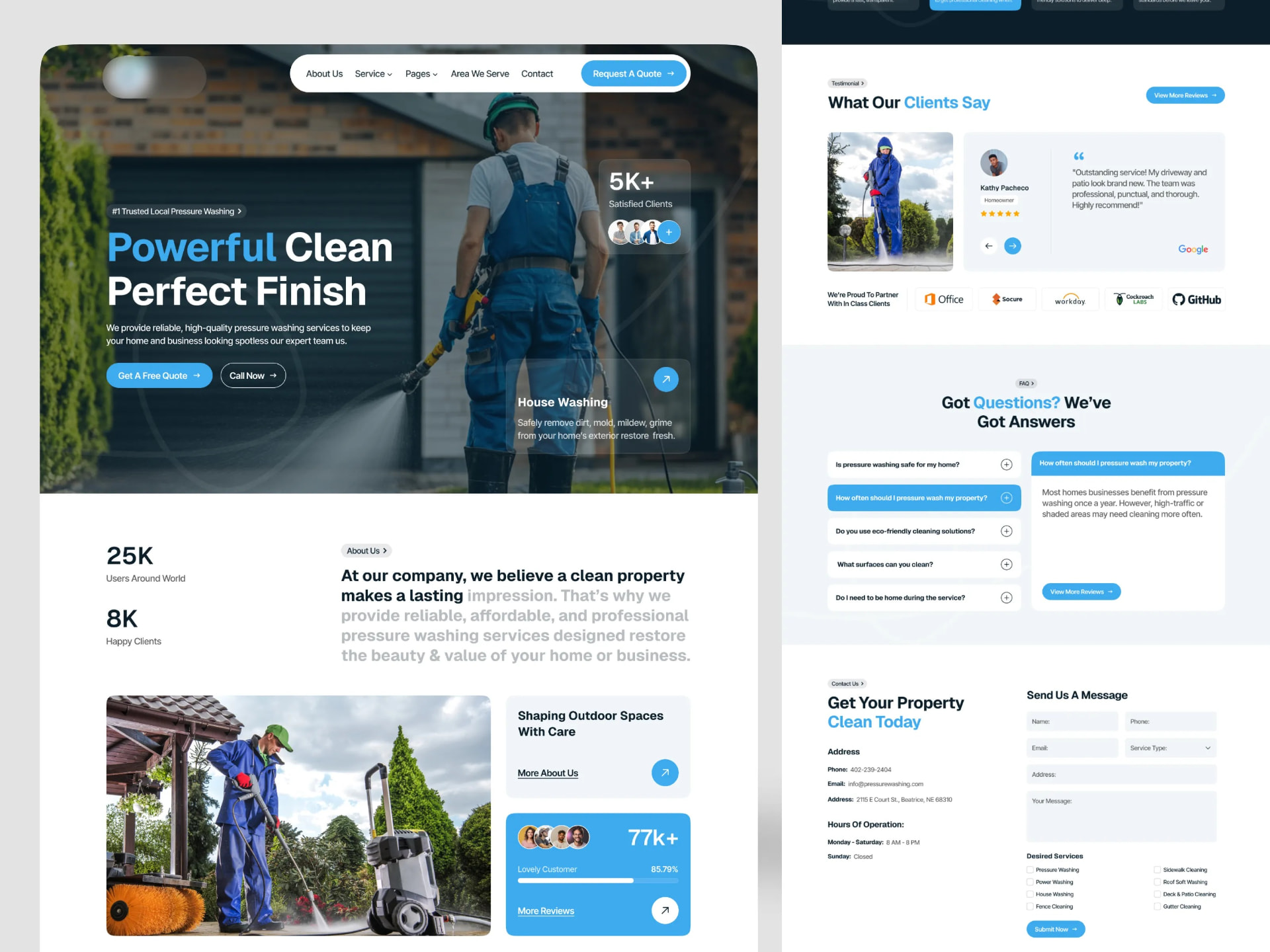 Pressure washing company website with hero booking buttons, testimonials and a service checklist contact form