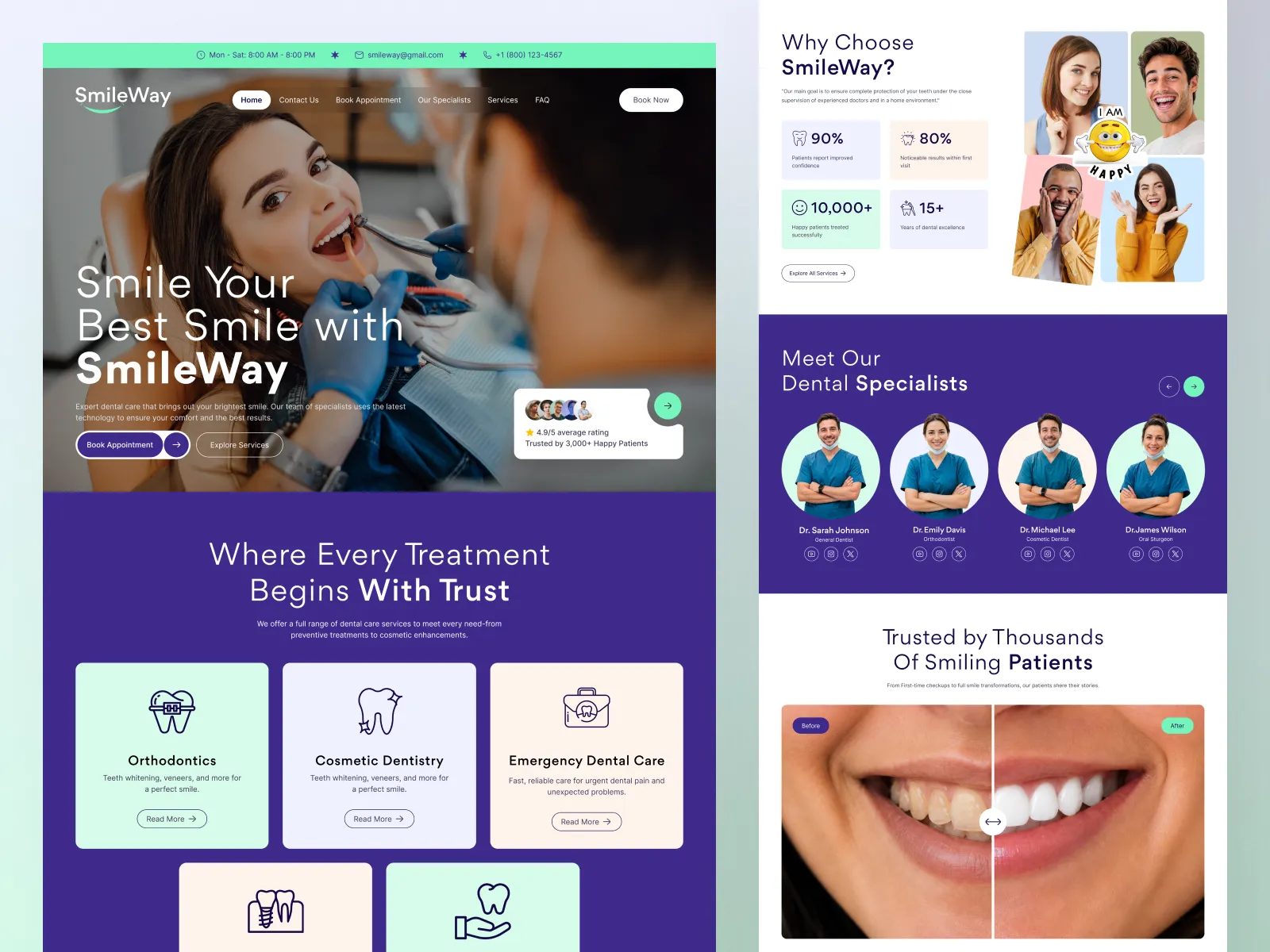 Dental clinic website with appointment booking hero, treatment cards and specialist profiles