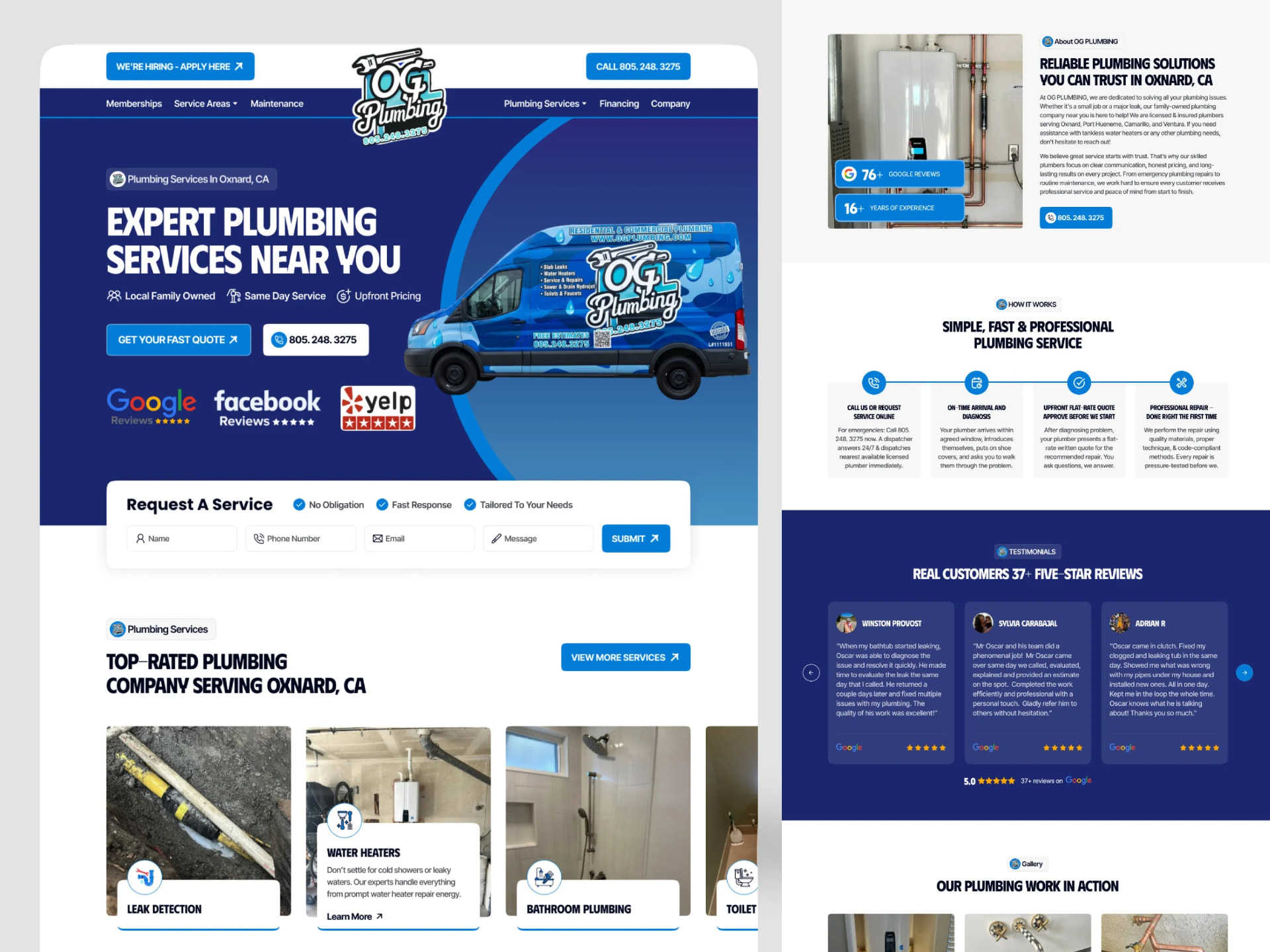 Plumbing company website with a request a service form, review badges and service cards