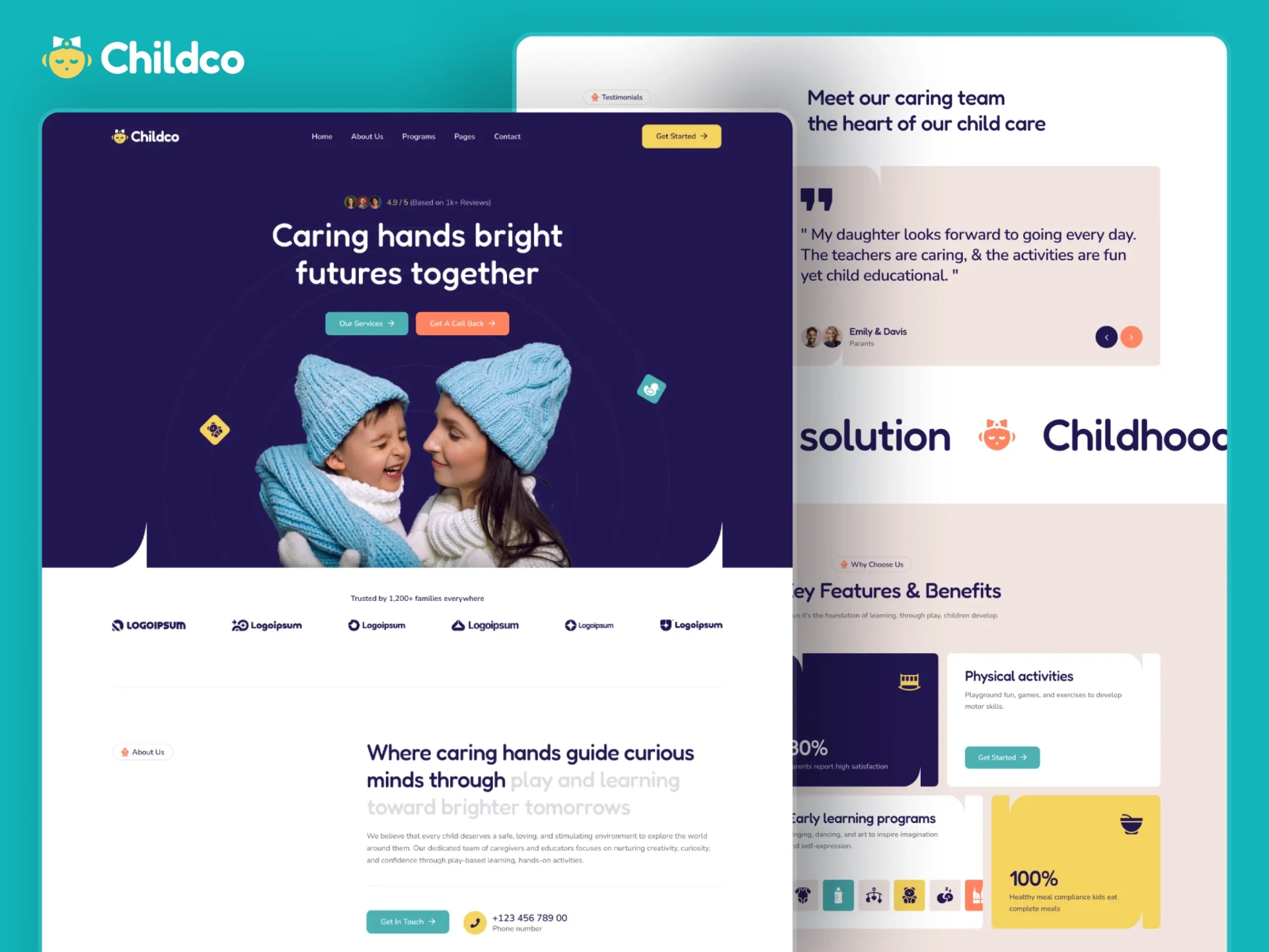 Child care centre website with programme cards, testimonials and a call-back request button