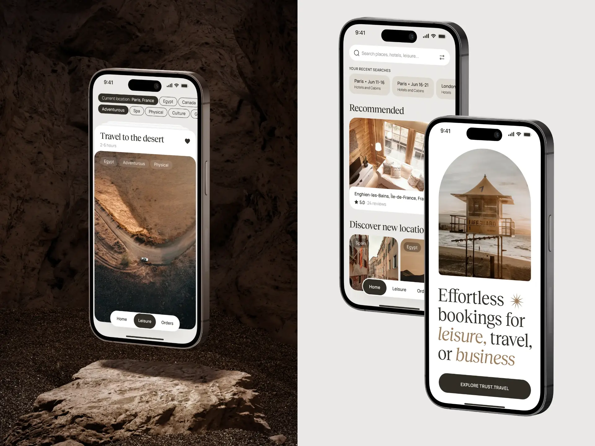Travel booking mobile app screens showing search, recommended stays and a booking landing screen
