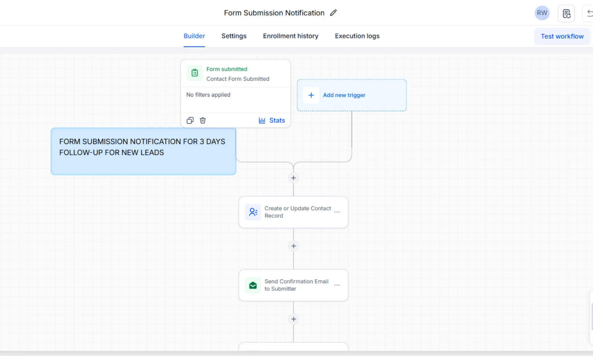 GoHighLevel workflow triggered by a contact form: create or update the contact record, then send a confirmation email