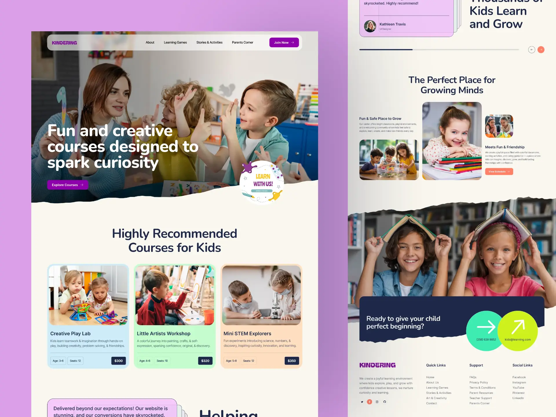 Website design for a children's learning centre with hero, course cards and enquiry footer