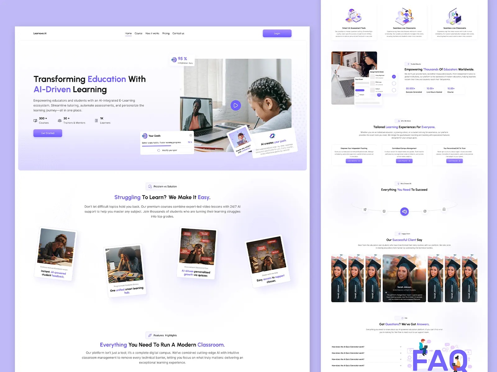 E-learning platform website with course cards, tutor profiles and an FAQ section