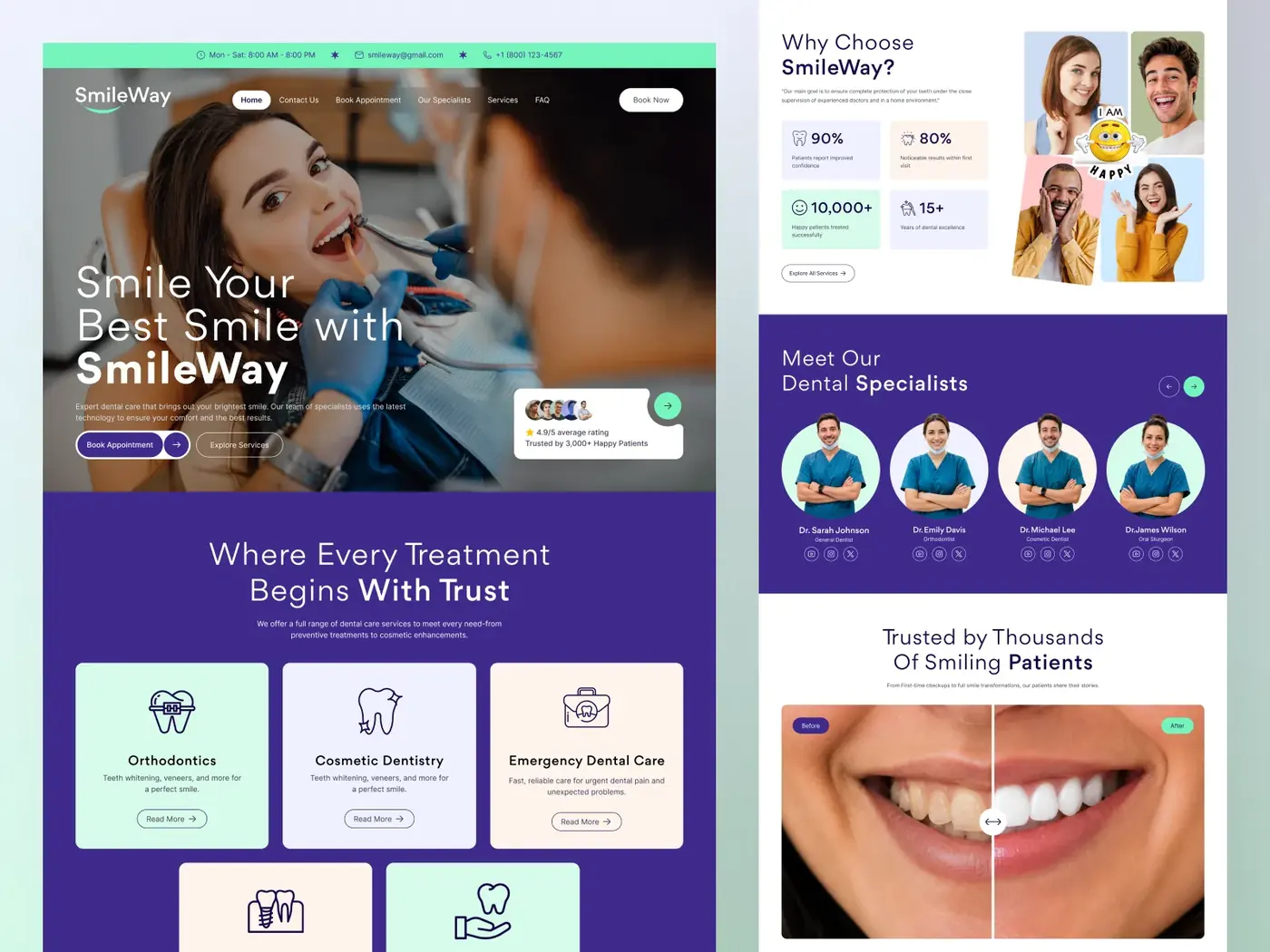 Dental clinic website with appointment booking hero, treatment cards and specialist profiles