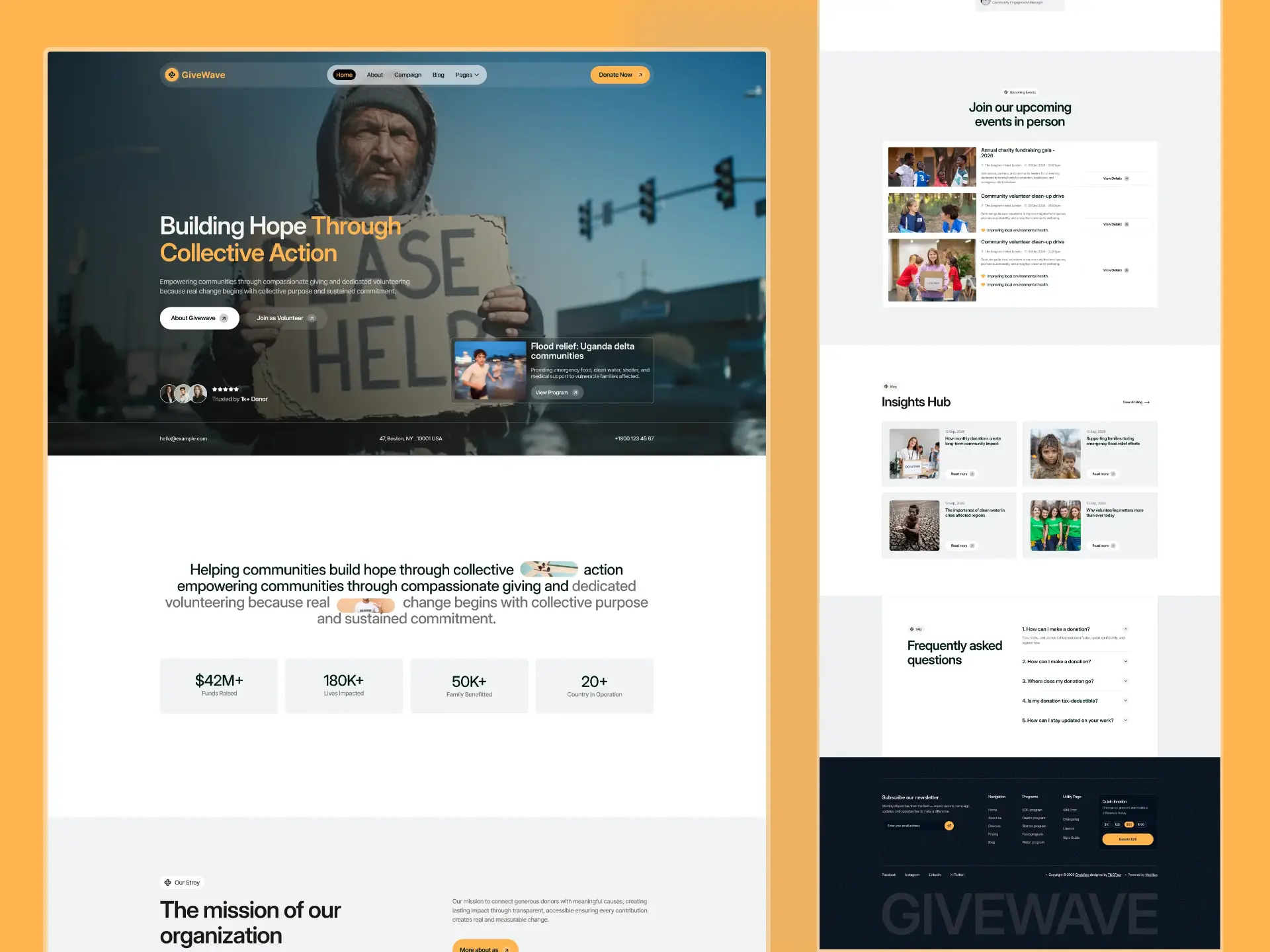 Non-profit website with donation call to action, campaign programme cards and an events list