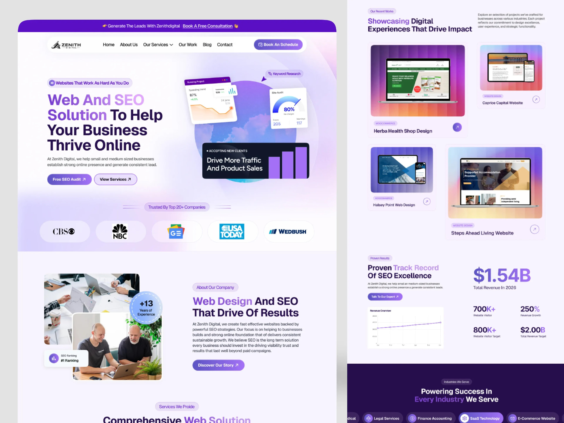 Digital marketing agency website with a free SEO audit offer, portfolio grid and revenue metrics
