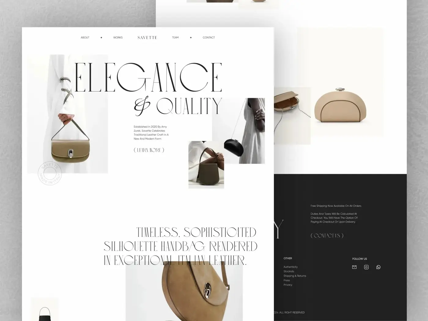 Minimal leather goods store website with product photography and a contact footer