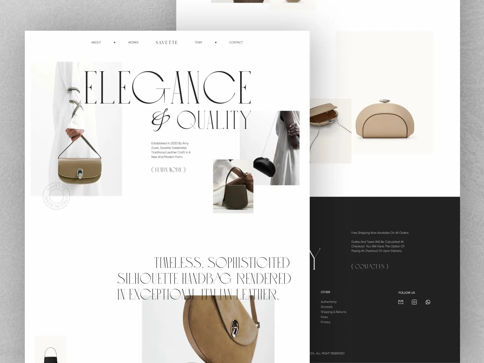 Minimal leather goods store website with product photography and a contact footer