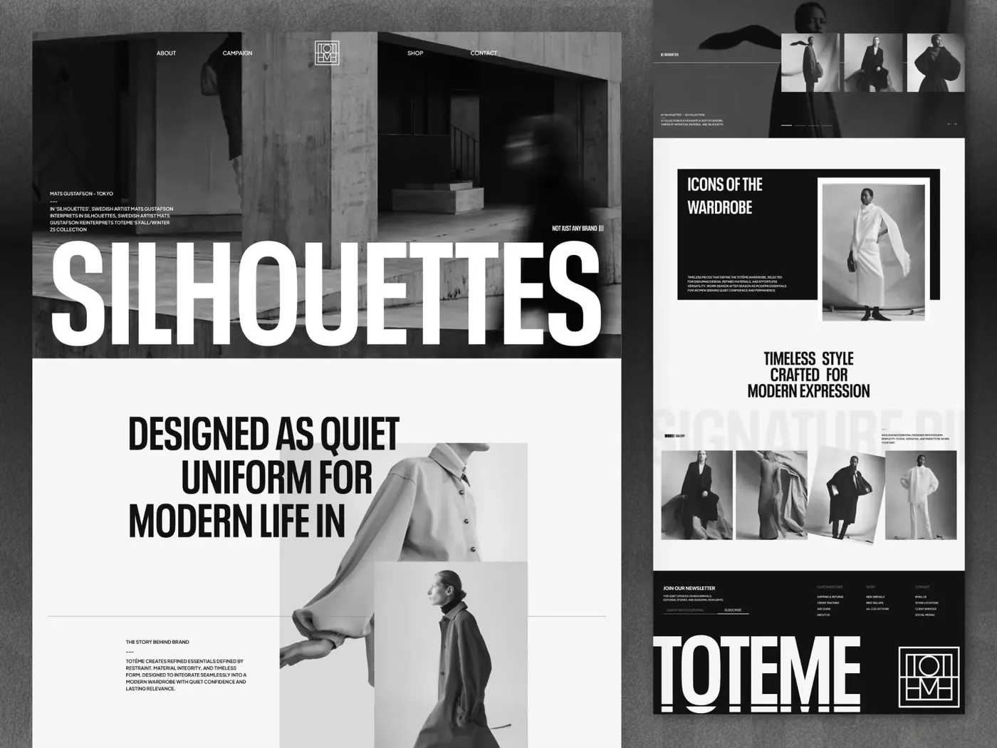 Black and white fashion brand website with editorial photography, campaign pages and newsletter signup