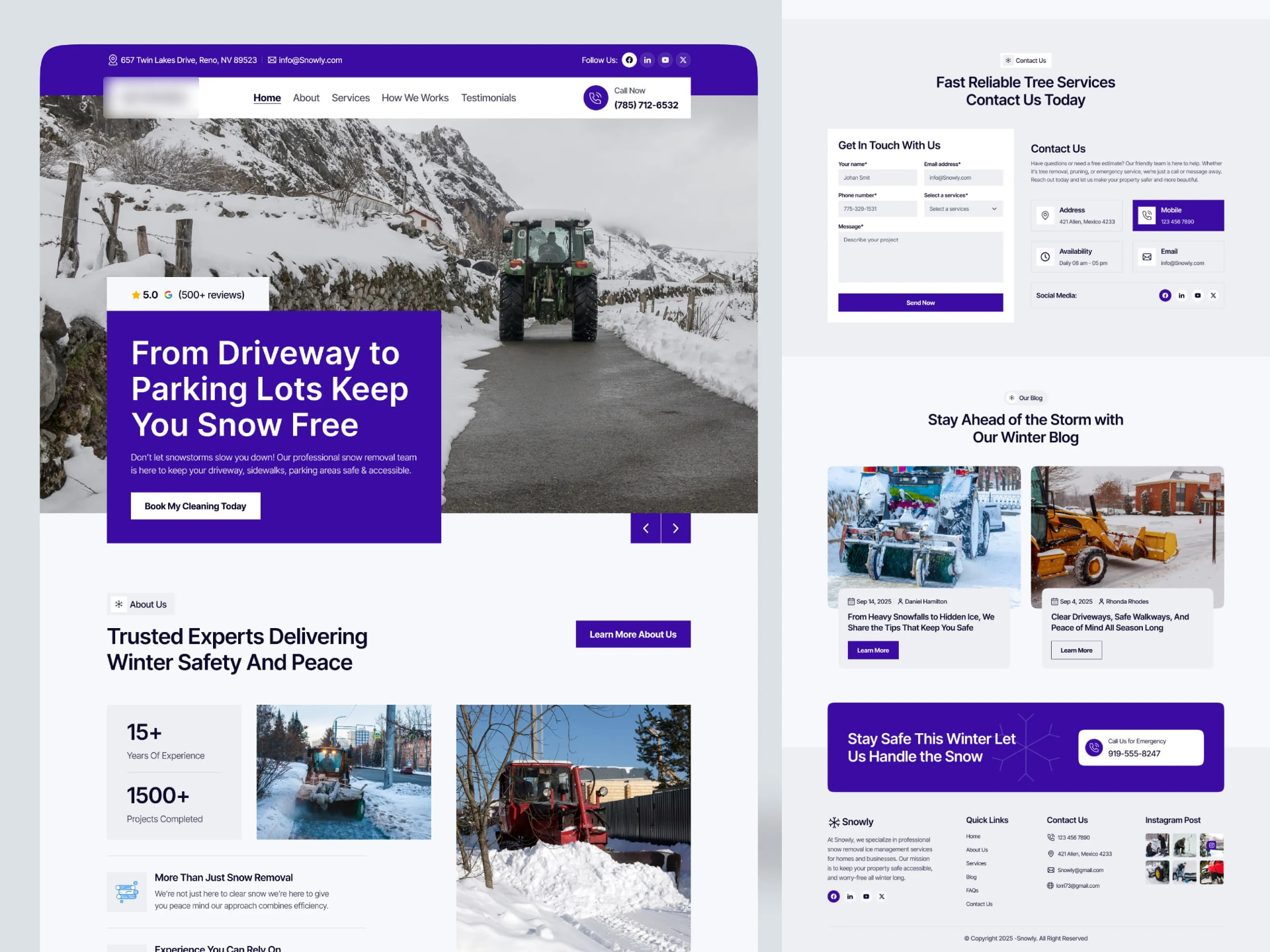 Snow removal company website with a seasonal hero, contact form and blog section