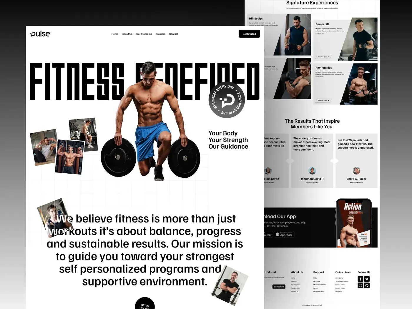 Gym website design with bold hero typography, class cards and member testimonials