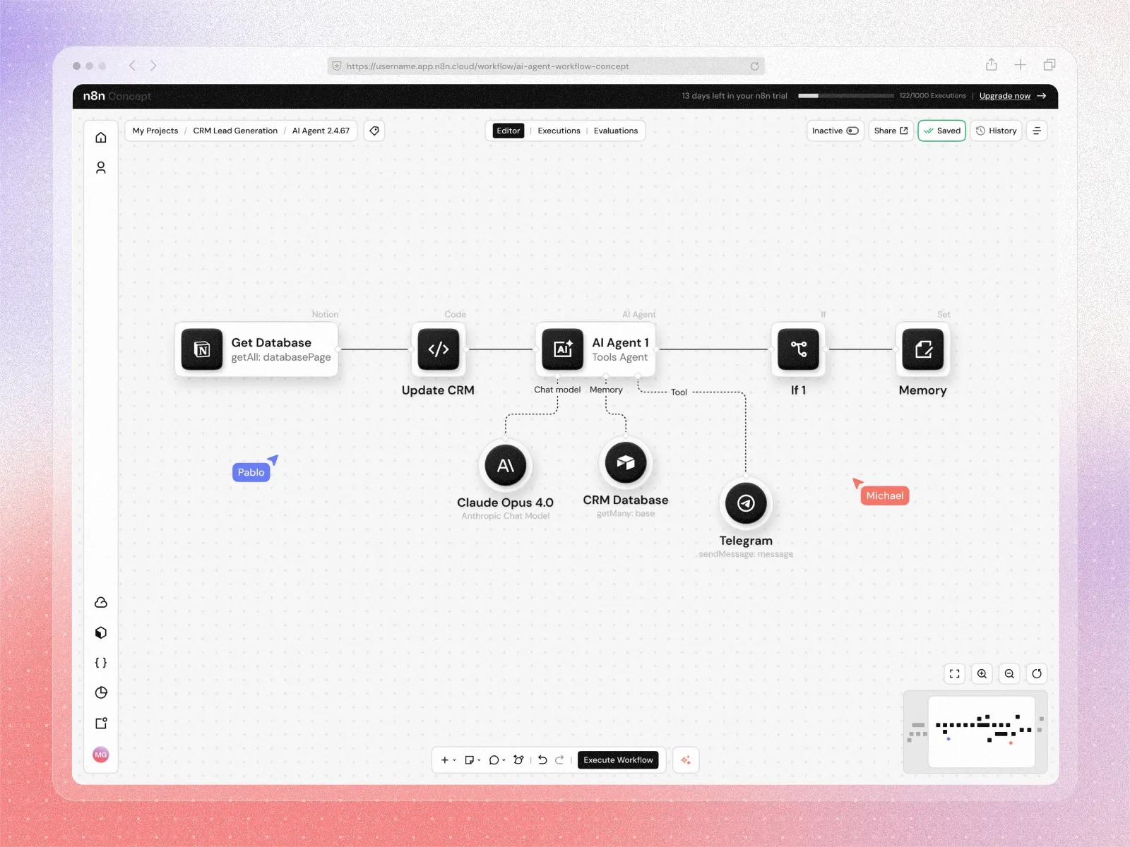 n8n canvas where a Notion database feeds an AI agent that updates the CRM and sends a Telegram message