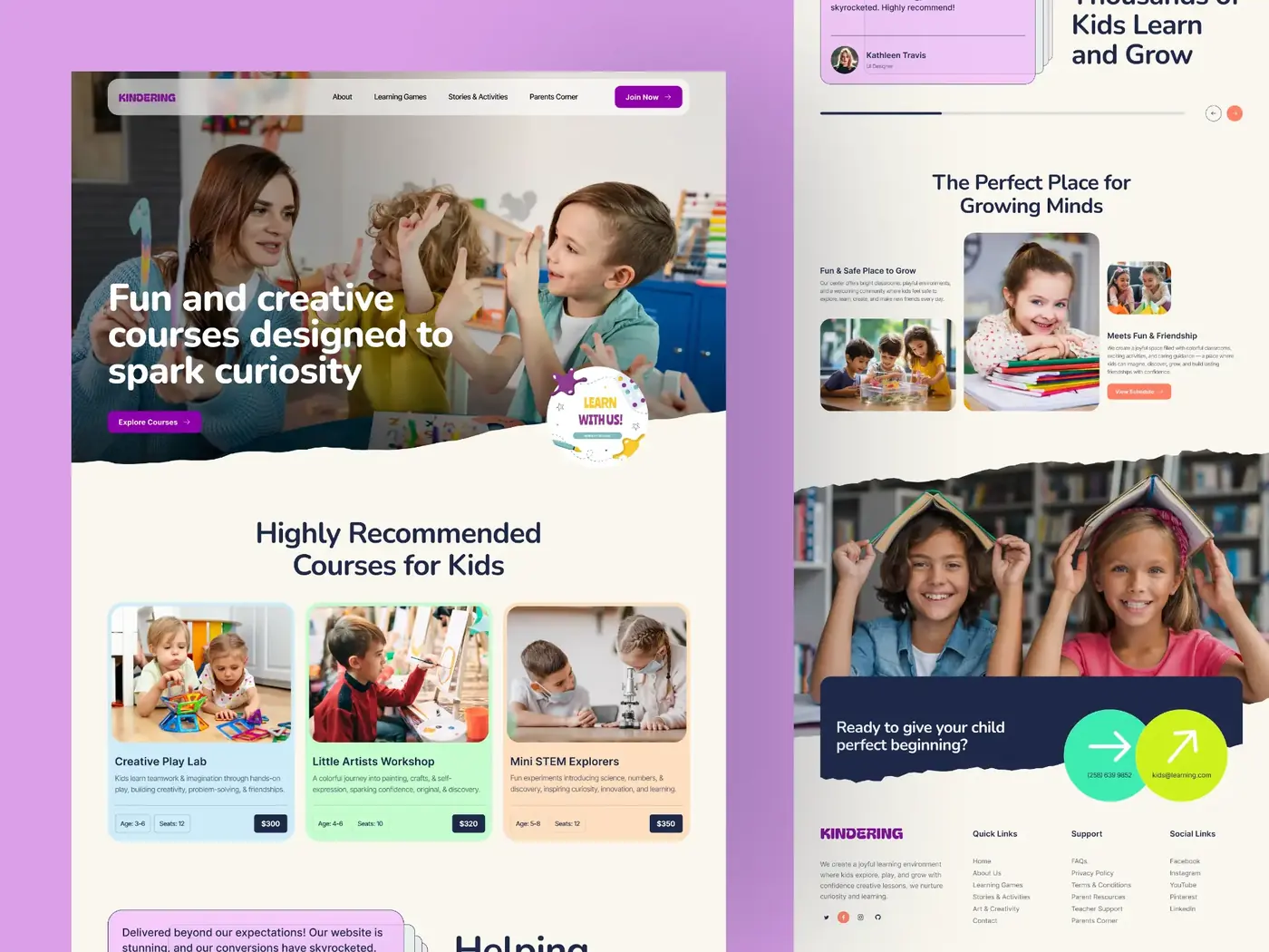 Website design for a children's learning centre with hero, course cards and enquiry footer