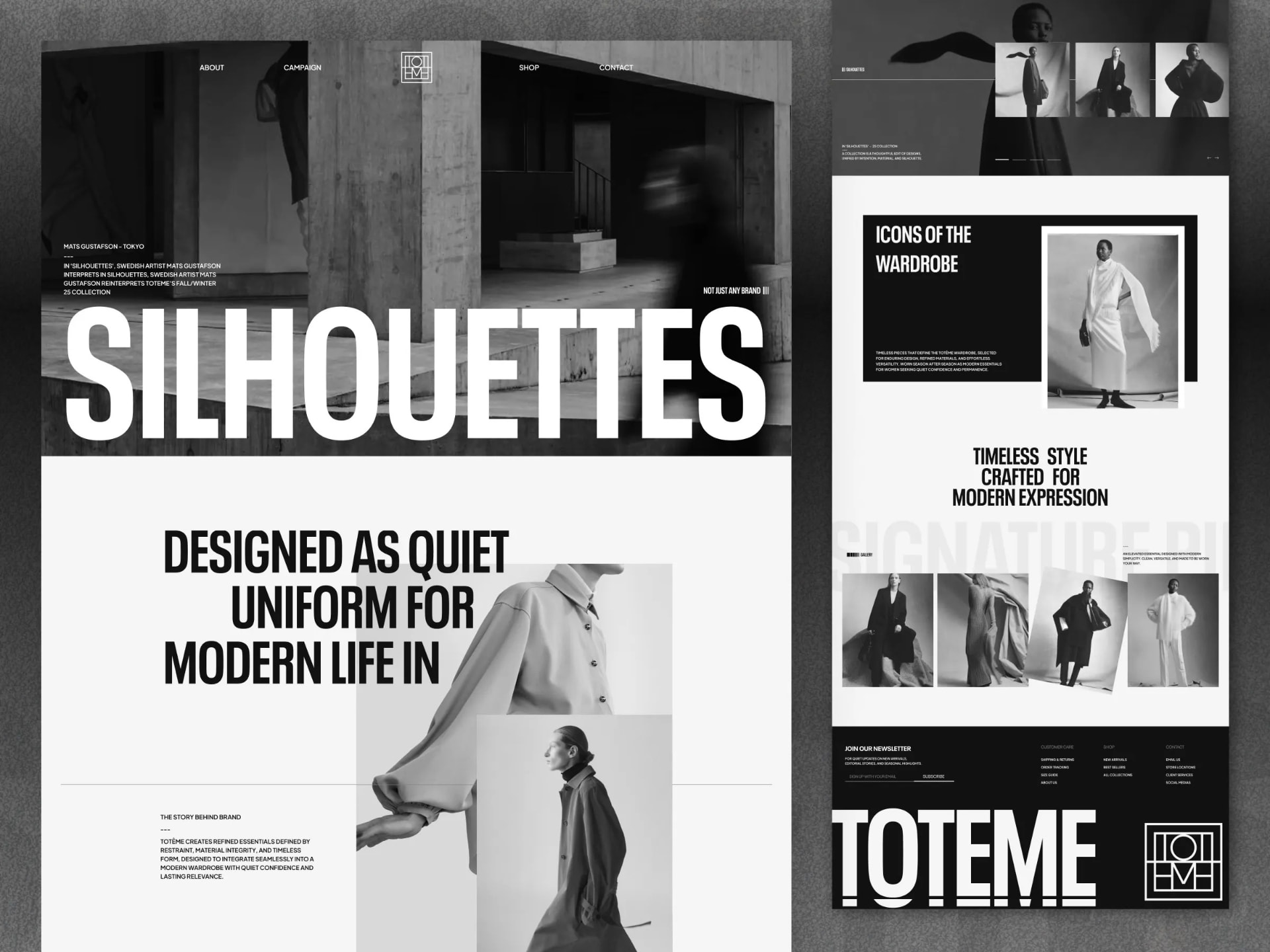 Black and white fashion brand website with editorial photography, campaign pages and newsletter signup