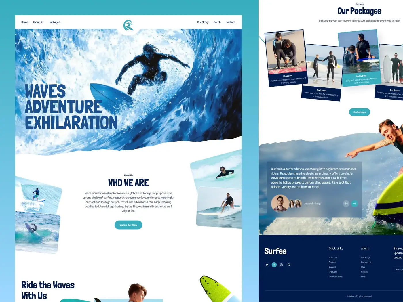 Surf school website design with hero photography, package cards and a booking call to action