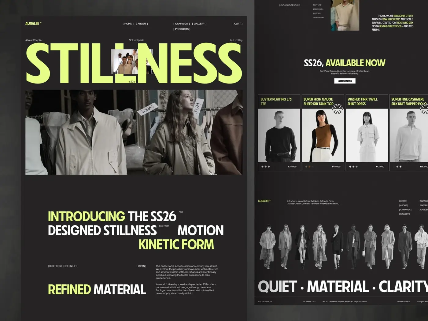 Fashion label website with large type hero, collection grid and product listings