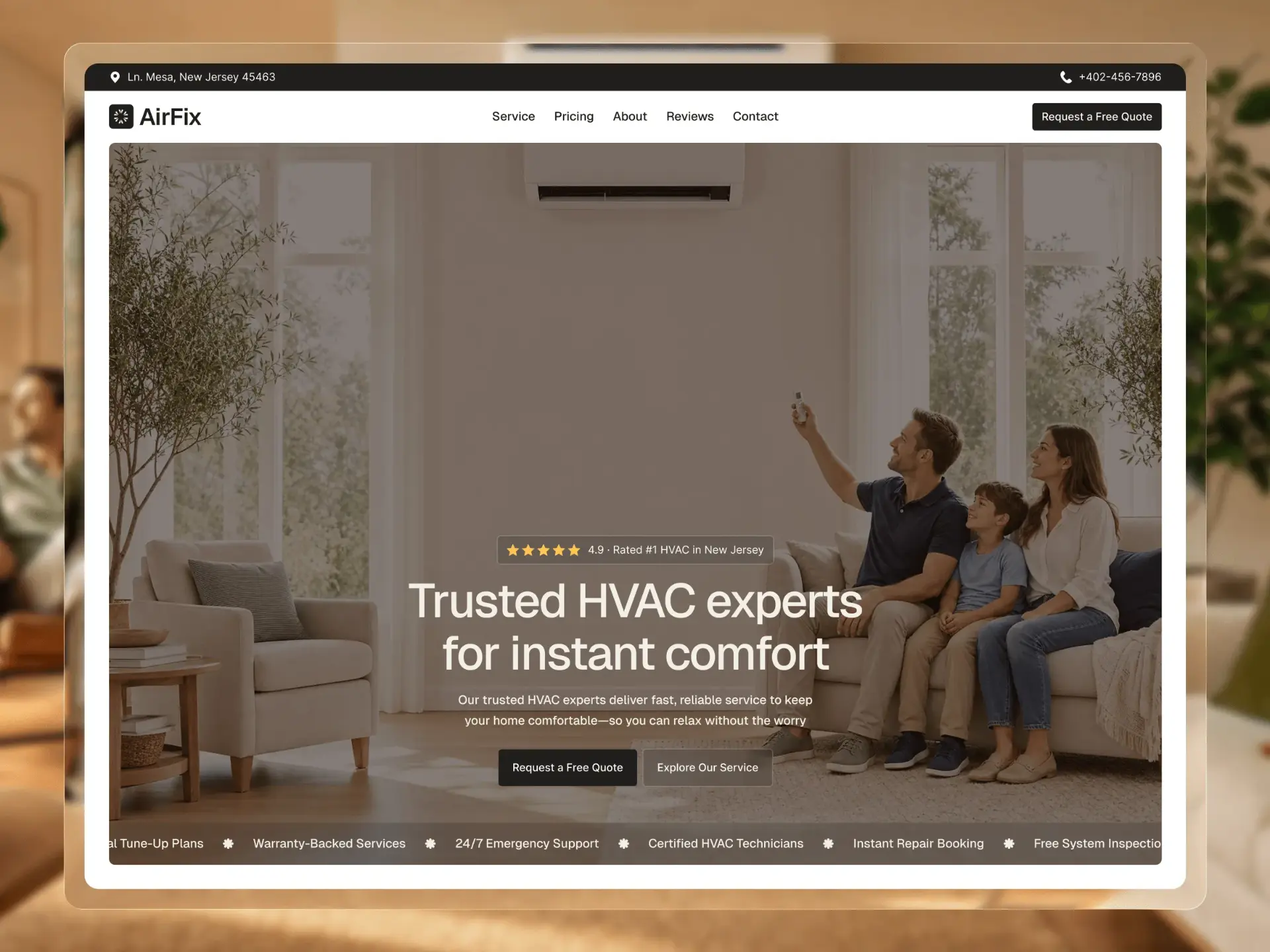 HVAC company website with a free quote hero, service ticker and emergency support callouts