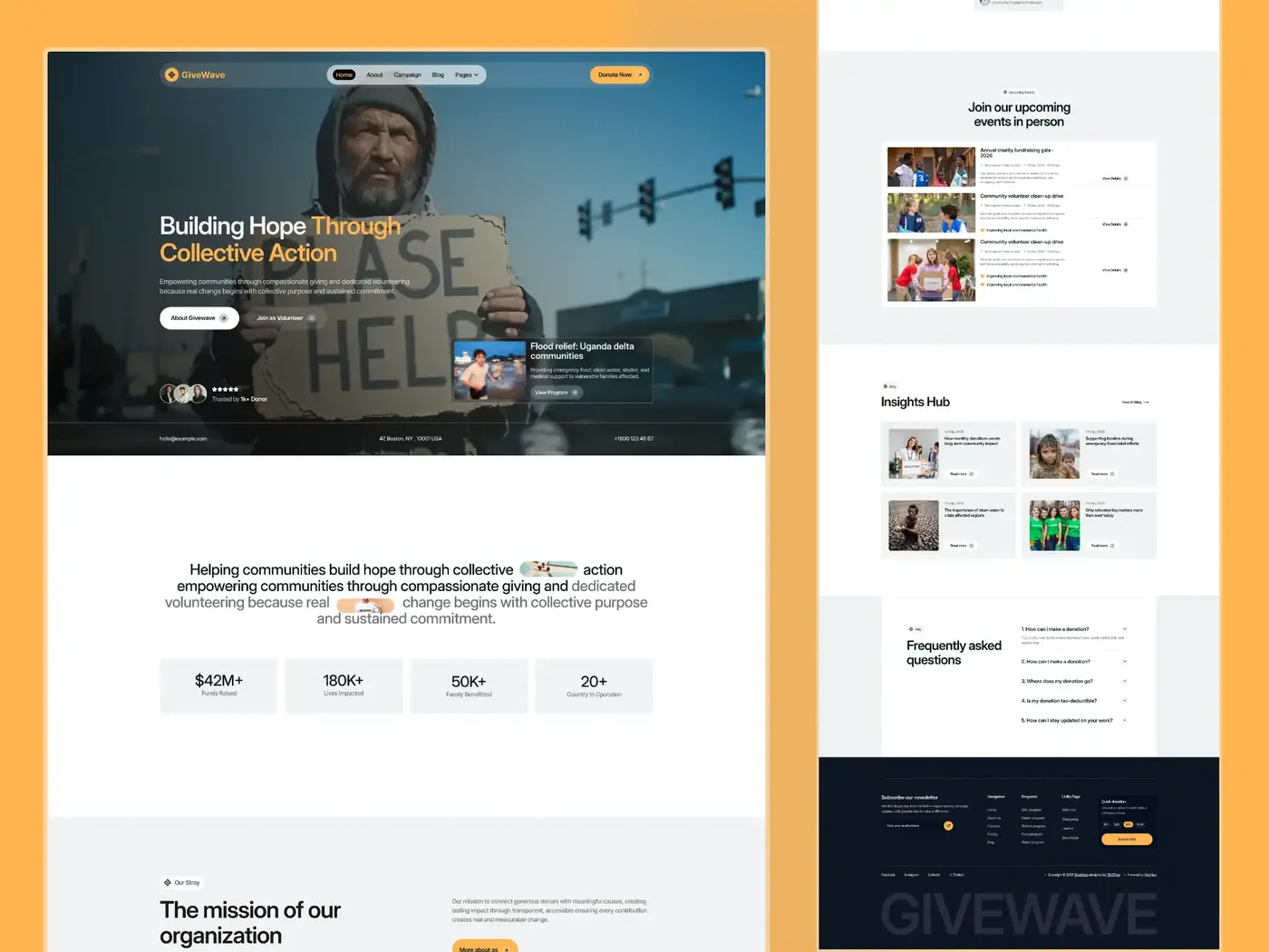 Non-profit website with donation call to action, campaign programme cards and an events list