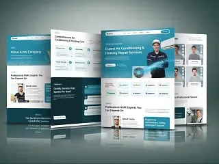 Multi-page HVAC company website showing service pages, pricing tables and technician profiles