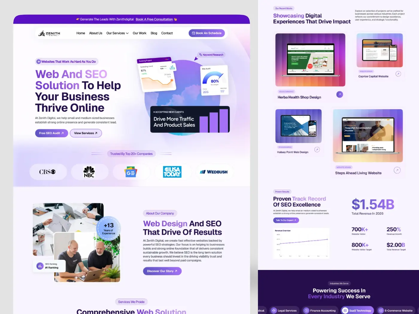 Digital marketing agency website with a free SEO audit offer, portfolio grid and revenue metrics