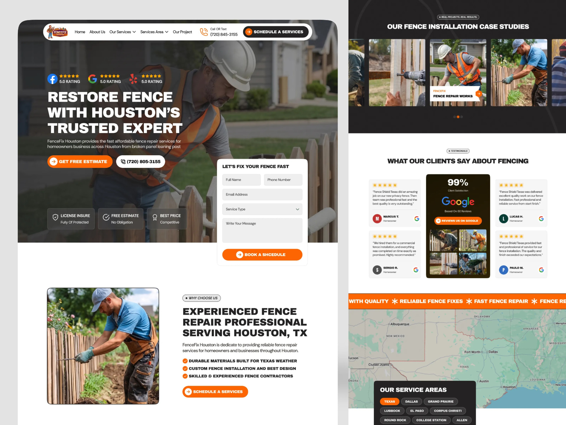 Fence repair company website with a quote form, service area map and case study carousel