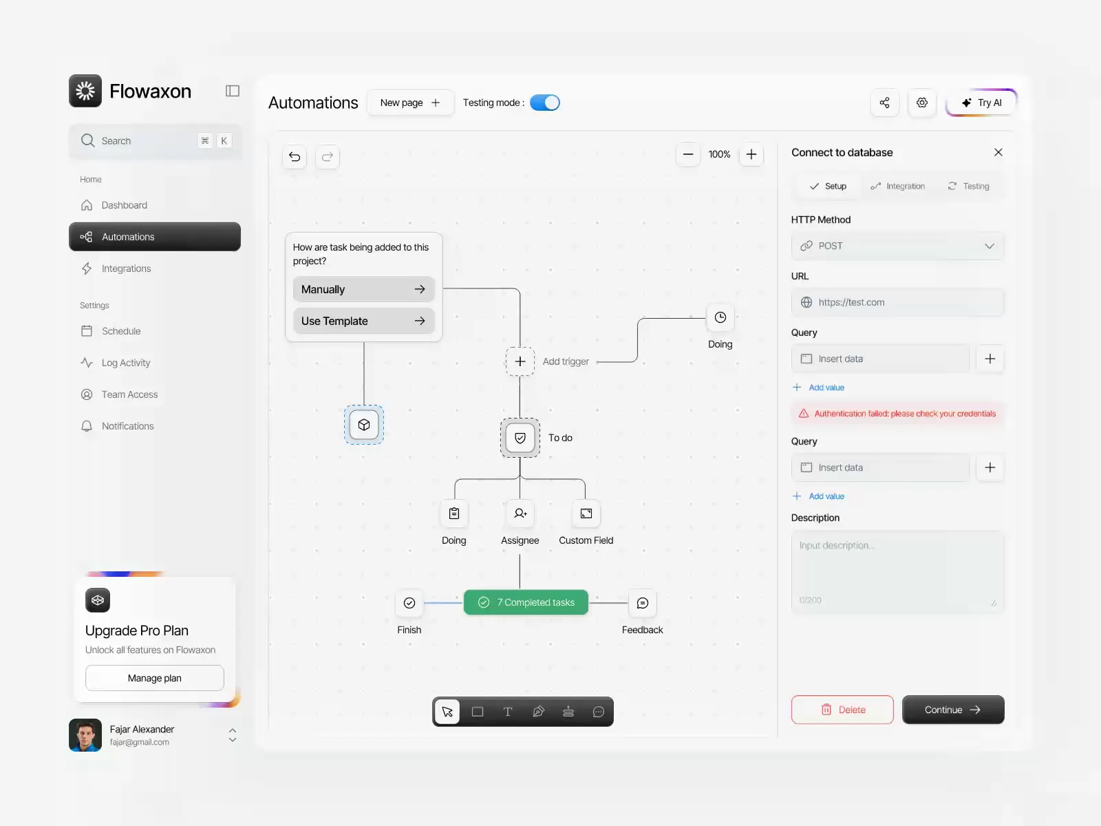 Automation builder with a database connection panel showing HTTP method, URL, query fields and an authentication error