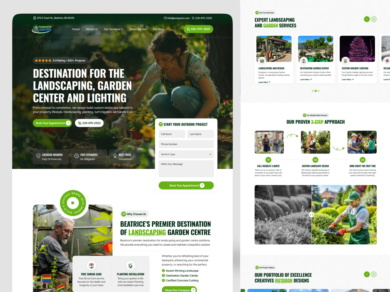 Landscaping and garden centre website with quote form in the hero and a three-step work process section