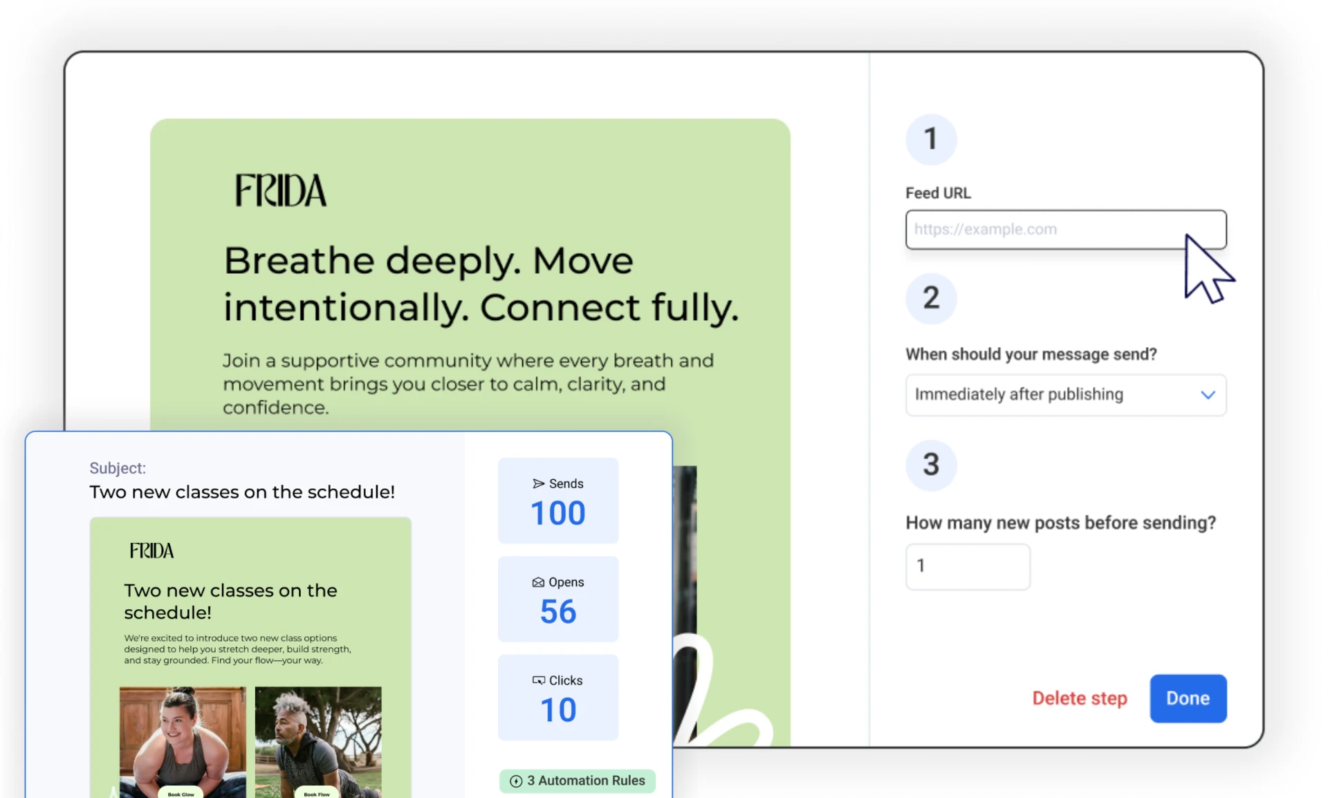 Email campaign builder with send-timing rules alongside a campaign report showing sends, opens and clicks