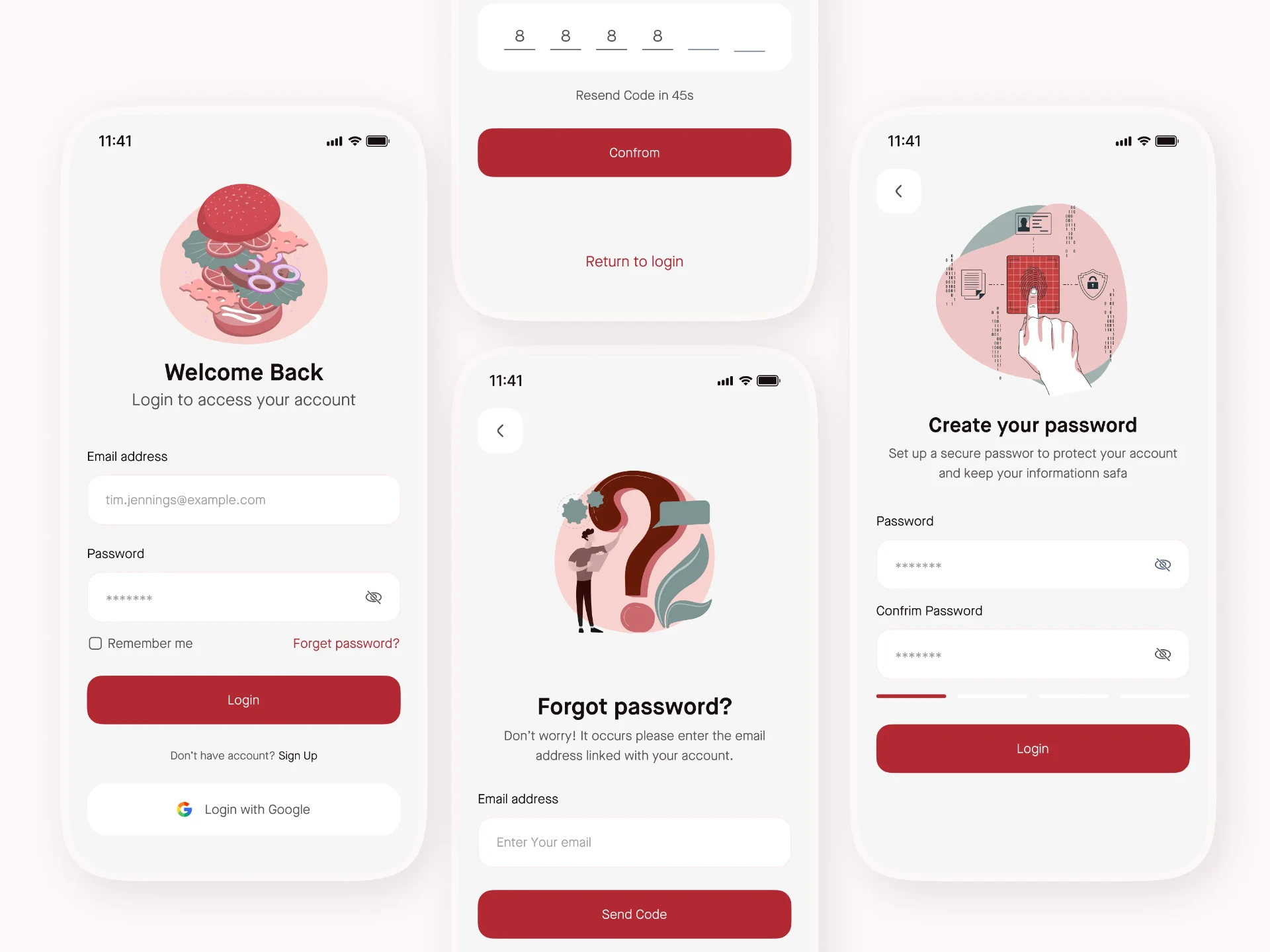 Mobile app sign in, verification code and password creation screens for a food ordering product