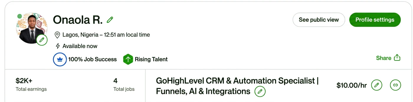 Upwork profile for Onaola R., GoHighLevel CRM and automation specialist, showing $2K+ total earnings, 4 jobs, 100% job success and Rising Talent badges