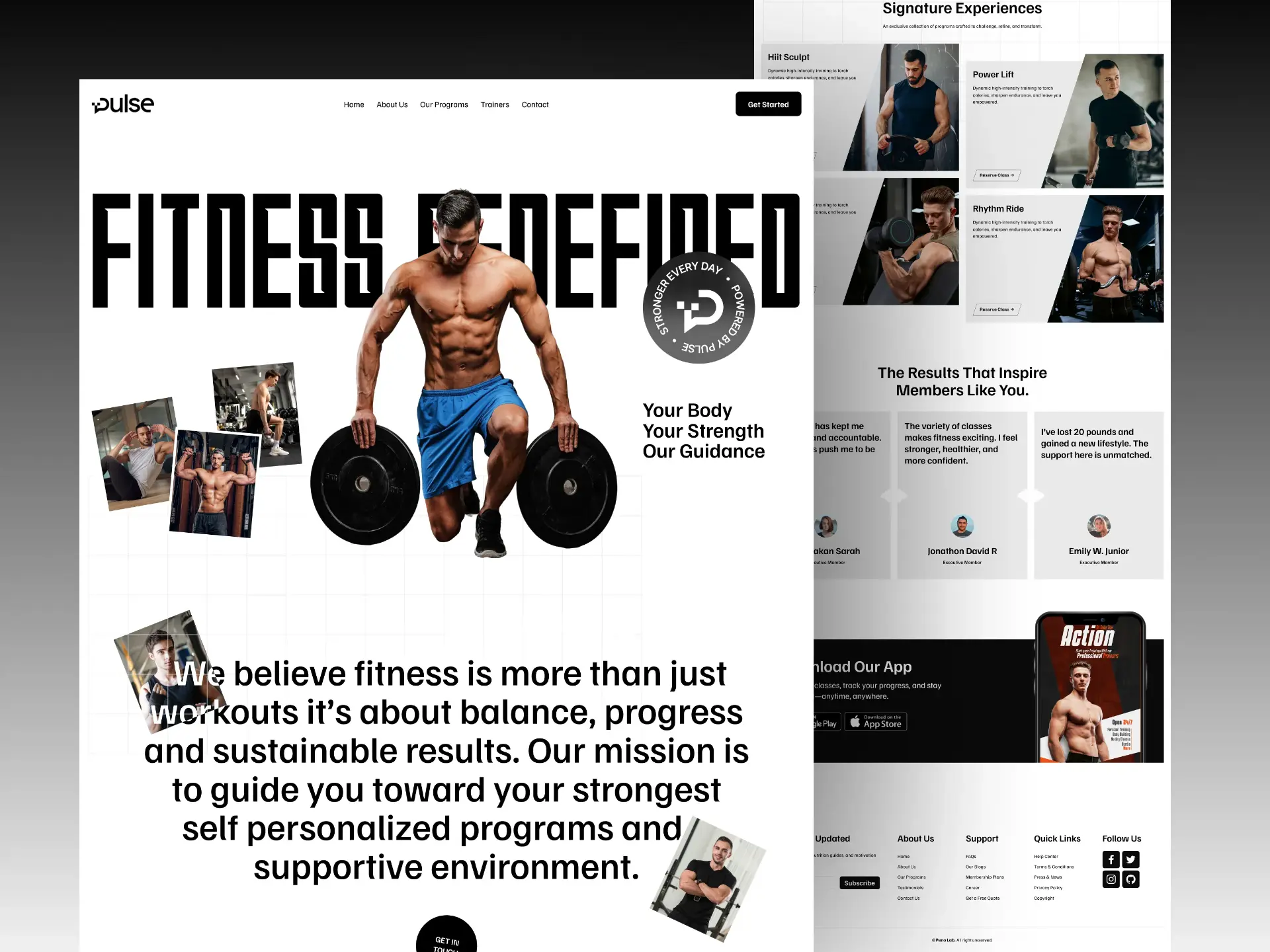 Gym website design with bold hero typography, class cards and member testimonials