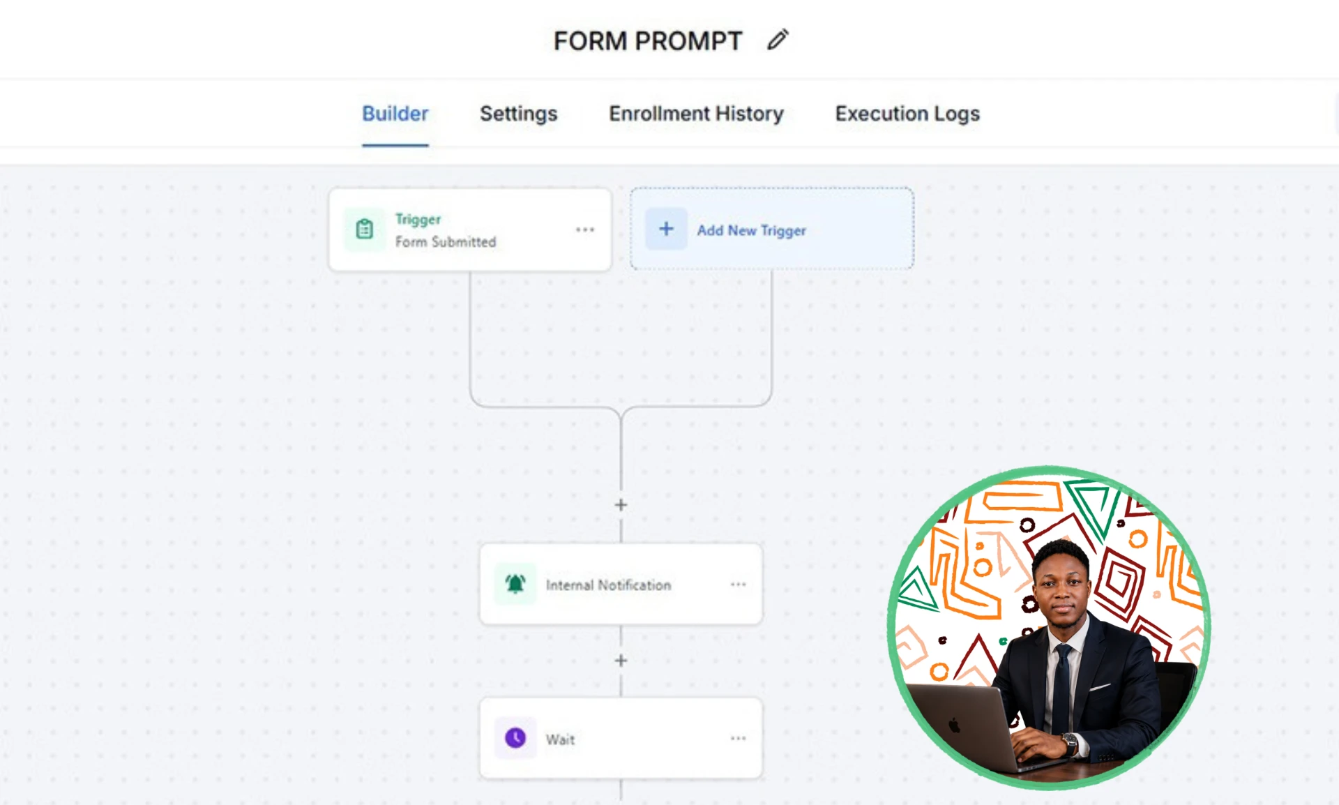 GoHighLevel builder showing a Form Submitted trigger feeding an internal notification and a wait step