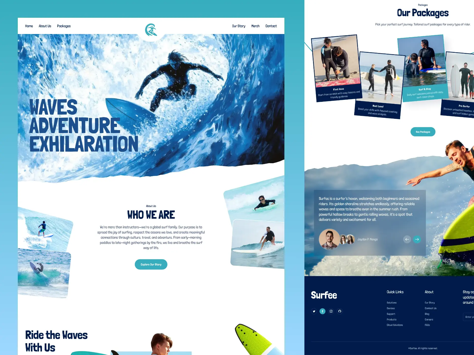 Surf school website design with hero photography, package cards and a booking call to action