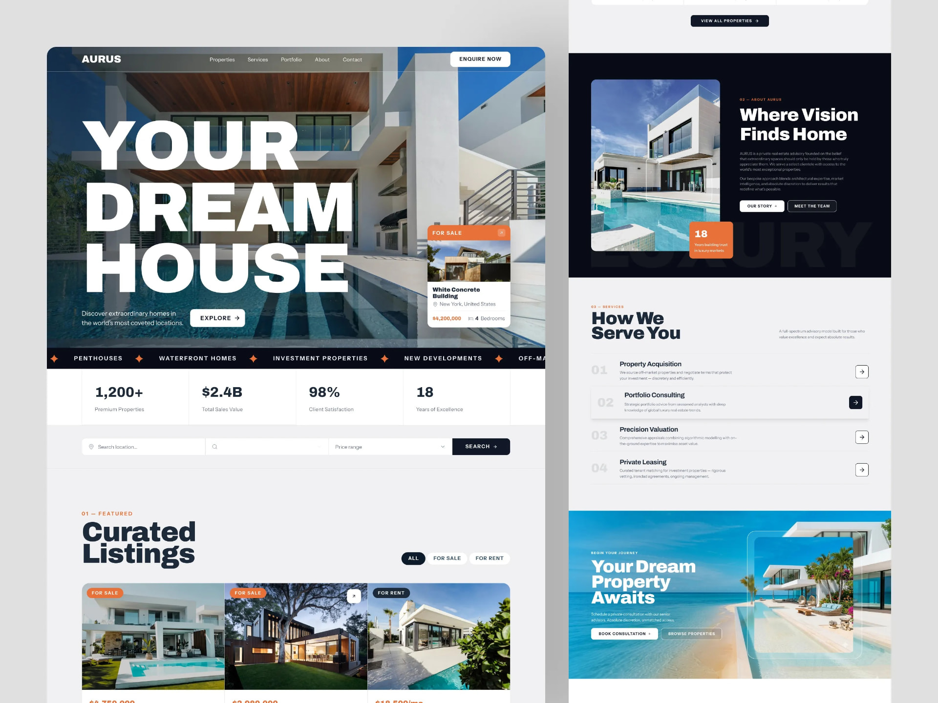 Luxury real estate advisory website with a property search, curated listings and a consultation booking section
